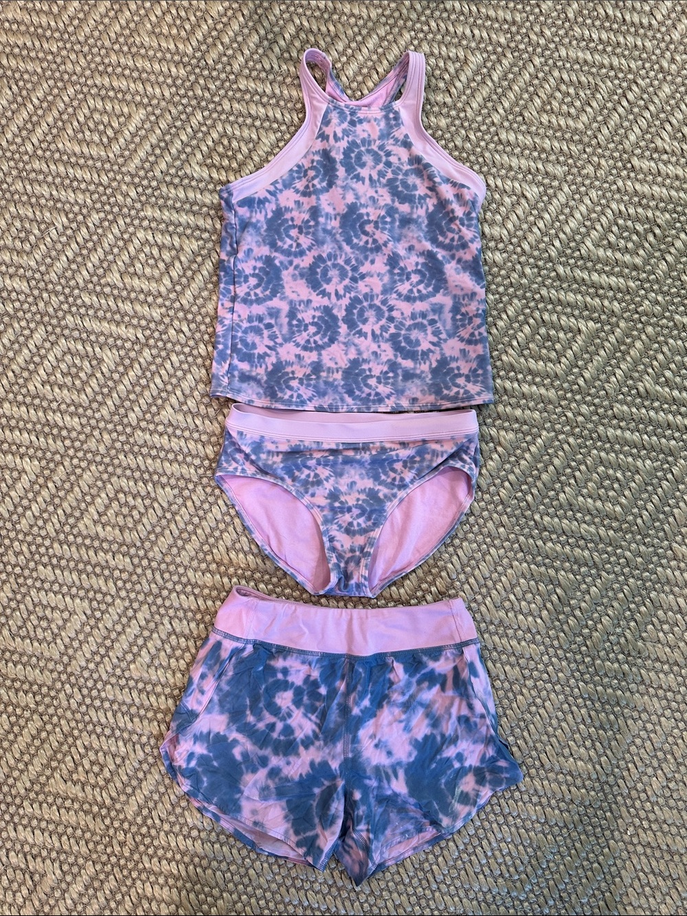 Athleta Girls Pink and Blue Tie-Dye Tankini Set with Shorts